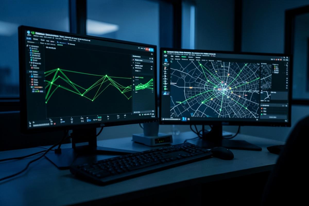 Painel de monitoramento de rede com gráficos e mapa